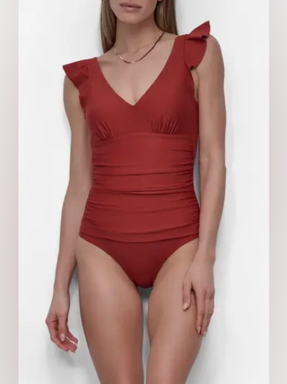 DKNY Plunge Neck Ruffle One-Piece Swimsuit NWT